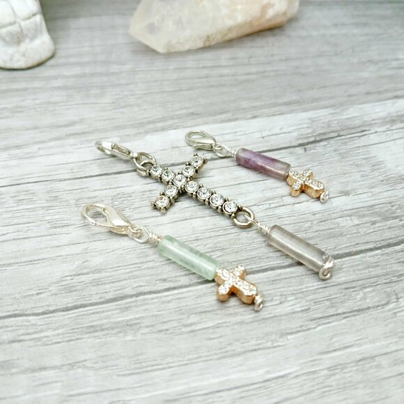 Stitch Markers 3 Piece Fluorite Gemstone Rhinestone Cross Charms - Picture 5 of 5